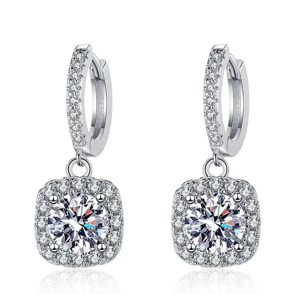 Certified 2ct. t.w. Moissanite Diamond Cushion Halo Drop Hoop Earrings NEW